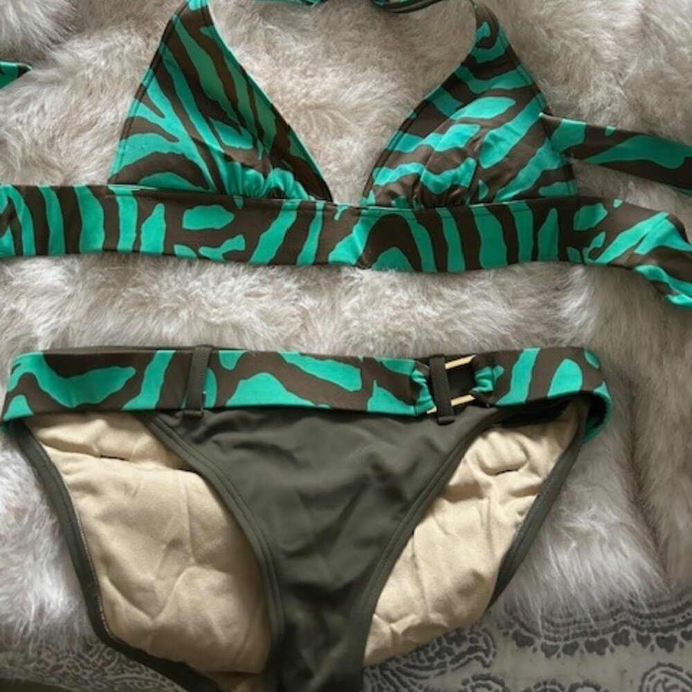 Victoria's Secret Zebra Green 2 Piece Bikini Bathing Suit Top-Small; Bottom-Med.